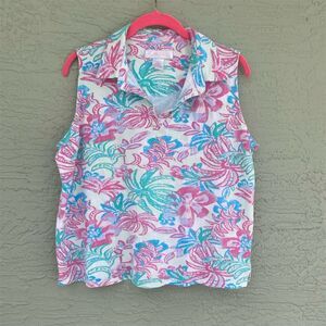Stella Parker Women's Sleeveless Polo Top L Floral Tropical Print